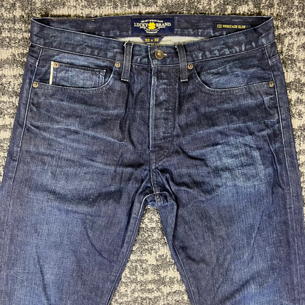 Lucky Brand 121 Heritage Slim Jeans Mens 32x32 Dark Indigo Denim Button Fly - Picture 9 of 14